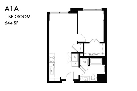 A black and white image of a floor plan for a 1 bedroom apartment.